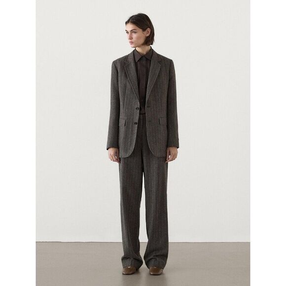 Massimo Dutti Womens Wool Blazer Jacket EU 42 US 10 Mink Pinstripe 6015/717 NWT - Picture 1 of 12